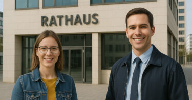 Zwei Angestellte des öffentlichen Dienstes vor einem modernen Rathaus in Deutschland