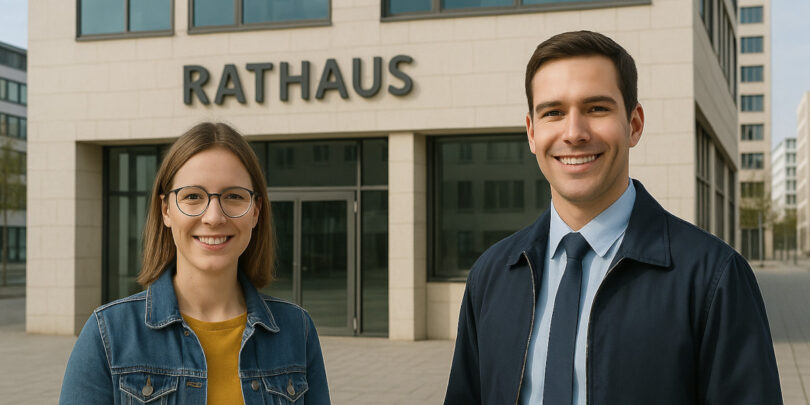 Zwei Angestellte des öffentlichen Dienstes vor einem modernen Rathaus in Deutschland