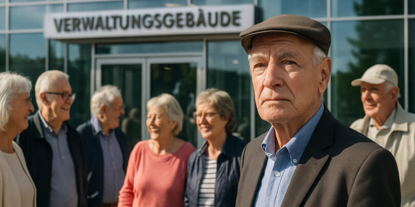Das Foto zeigt eine Gruppe gepflegter Rentner und Pensionäre des öffentlichen Dienstes bei sonnigem Wetter vor einem modernen Verwaltungsgebäude